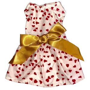 Red Hearts Dog Dress Gold Ribbon Bow